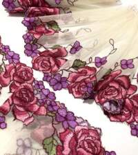 Lively Embroidered Roses On Net Lace No 832a