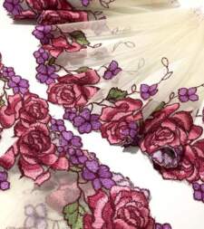 Lively Embroidered Roses On Net Lace No 832a