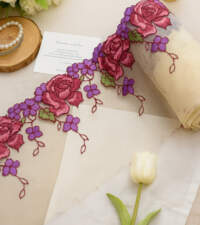 Lively Embroidered Roses On Net Lace No 832