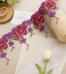 Lively Embroidered Roses On Net Lace No 832