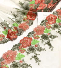 Coral Red Roses Embroidered Net Lace No 835