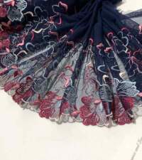 Dark Navy Floral Embroidered Tulle Net Lace No 781a