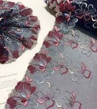 Dark Navy Floral Embroidered Tulle Net Lace No 781c