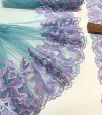 Green Floral Embroidered Tulle Net Lace No 785a Color-Dark Green And Purple Size-7.8" Approxa