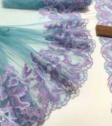 Green Floral Embroidered Tulle Net Lace No 785a Color-Dark Green And Purple Size-7.8" Approxa